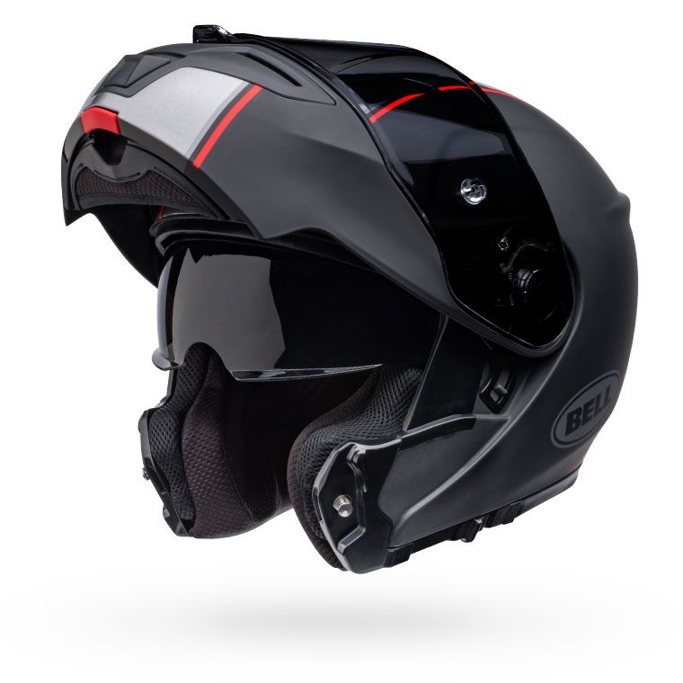 bell srt modular full face street motorcycle helmet hart luck jamo matte gloss black red front left open